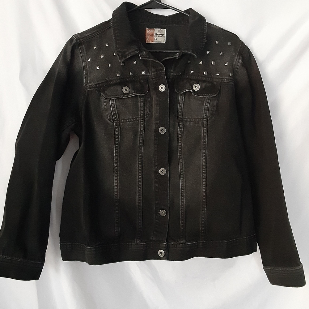 RUFF HEWN BLACK BUTTON UP DISTRESSED/FADED COTTON JEAN JACKET WOMENS SIZE 1X